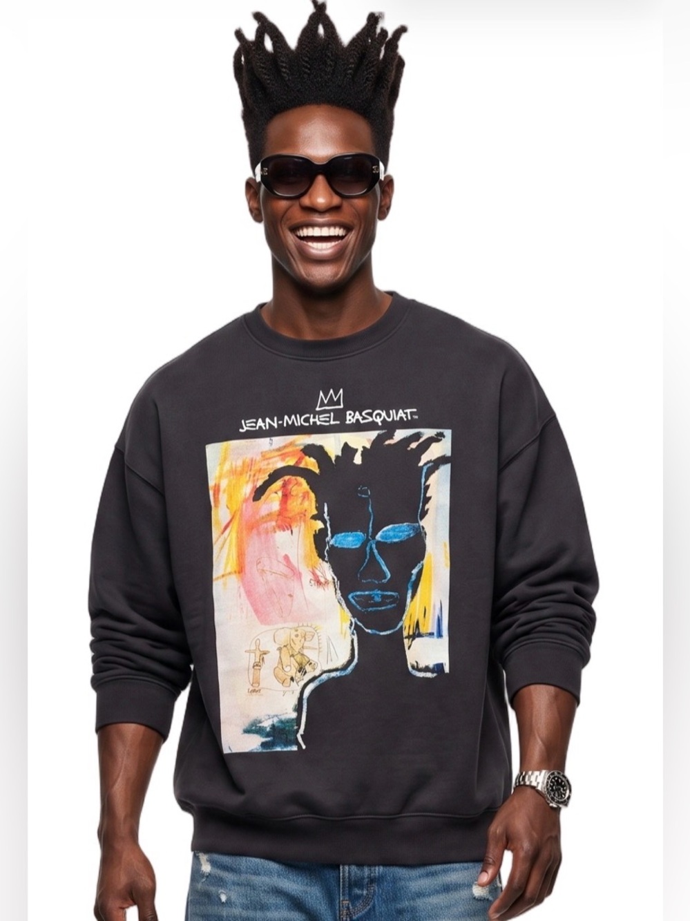 COTTON ON Longsleeve black crewneck sweatshirt large Graphic print JM Basquiat